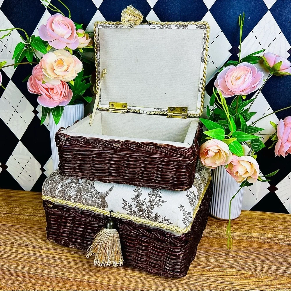 French‎ Country Toile Boxes Wicker Lined Tassel Pair Vintage Luxury